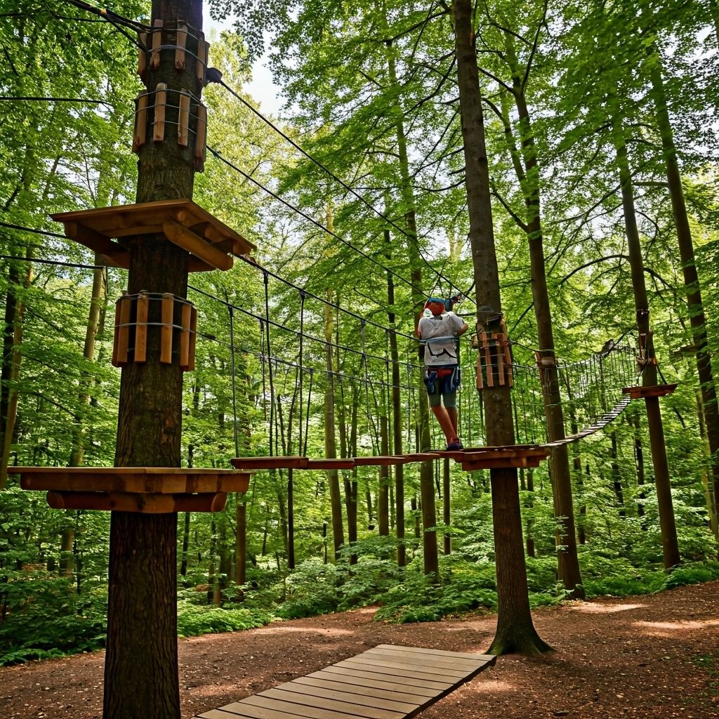 A rope bridge tunnel through dense canopy
