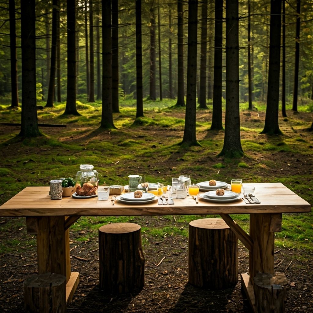 Forest breakfast table with rustic cabin setting