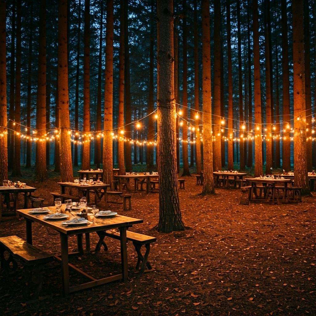 Cozy forest dining area with circular windows