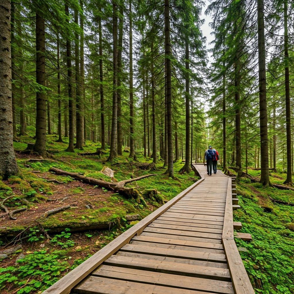 Hikers enjoying scenic coastal forest views