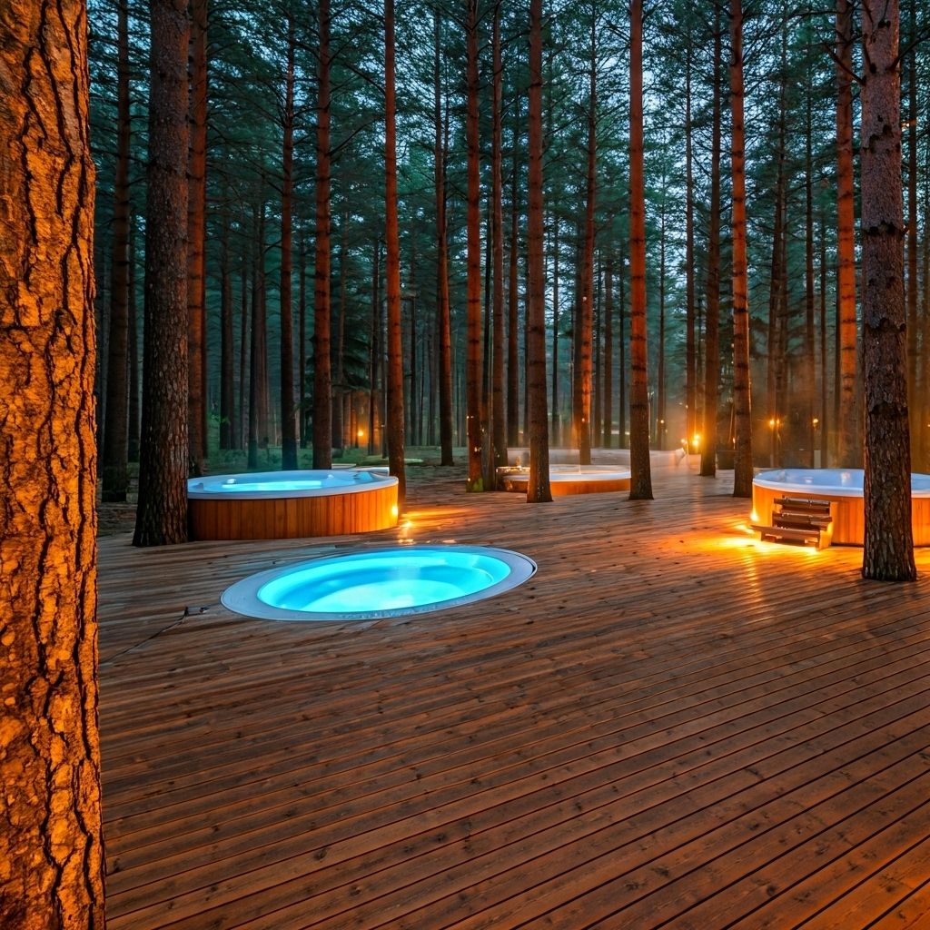 Forest spa with multiple hot tubs among trees