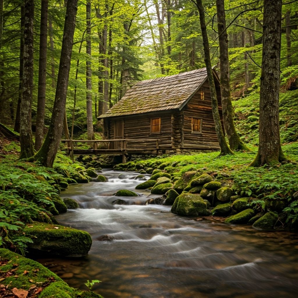 Riverside Cabin beside forest stream