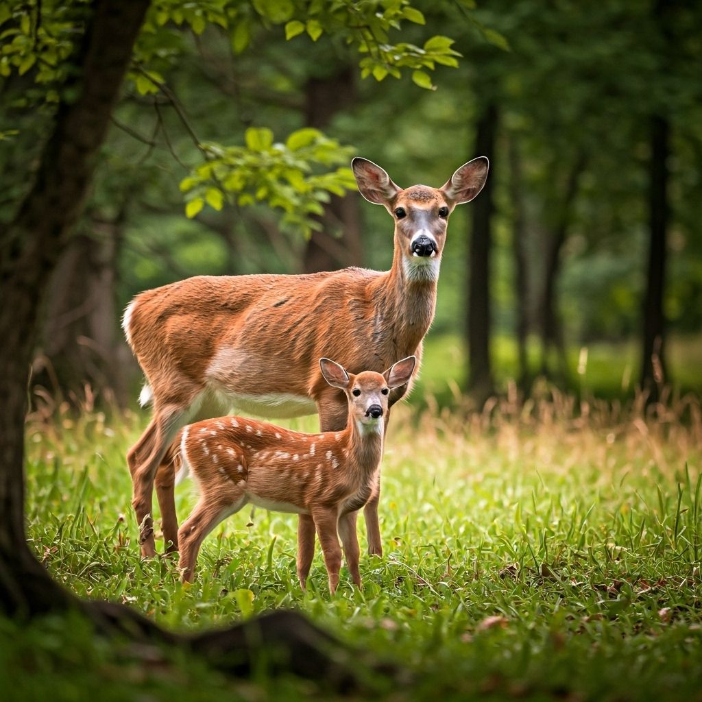 Deer and fawn standing in a forest clearing